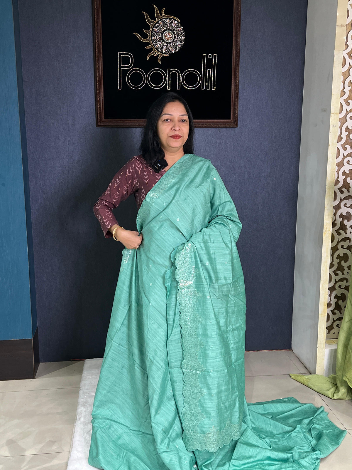 Semi Jute Saree  -Ocean green color Search code 8604