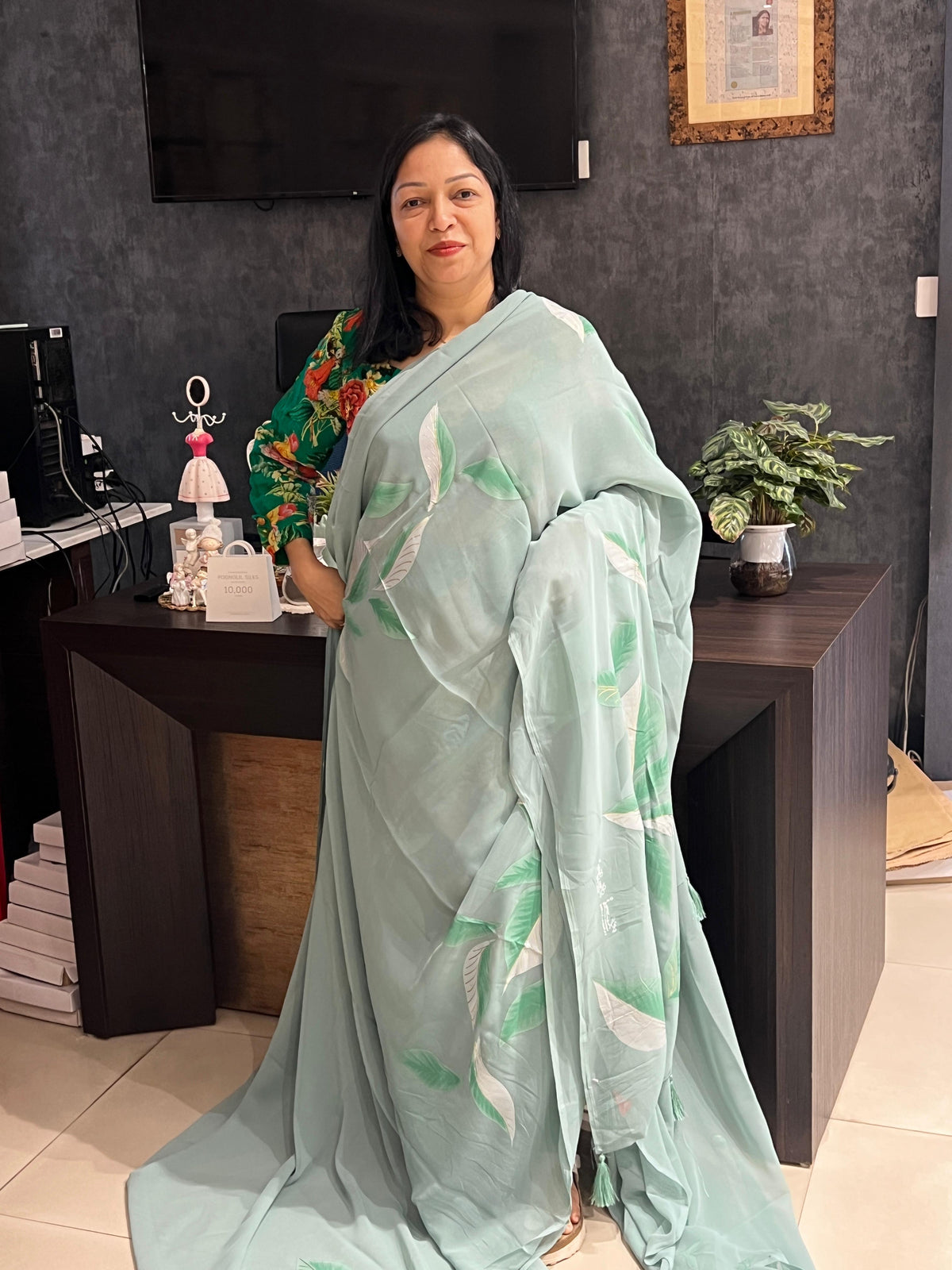 Georgette Saree -Dusty Green color Search code 3512