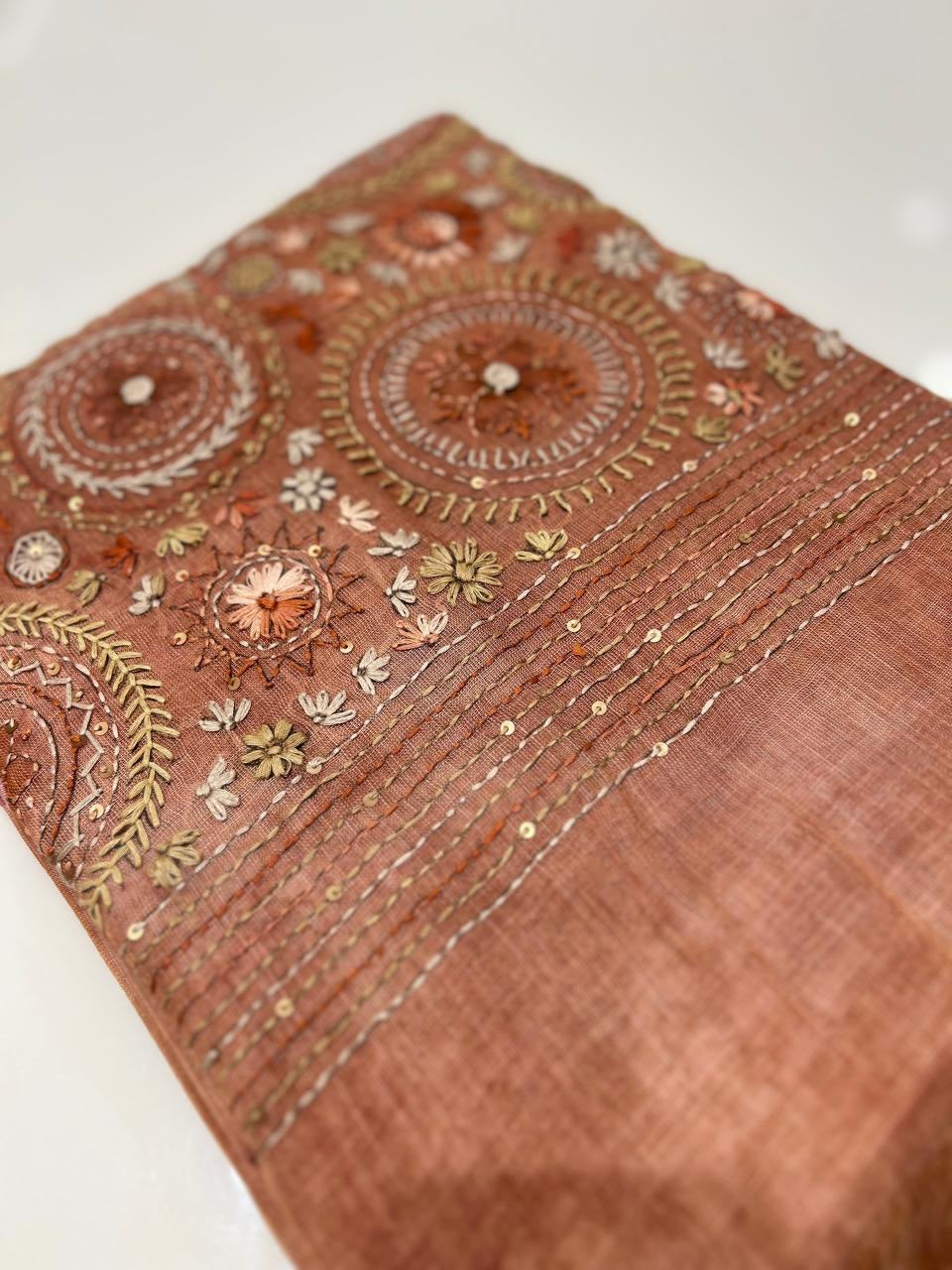 LINEN SAREE -Onion color Search code 8325