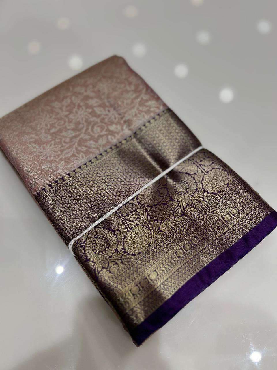 Brocade Tissue  Saree  -Golden Violet shade Search code 6400