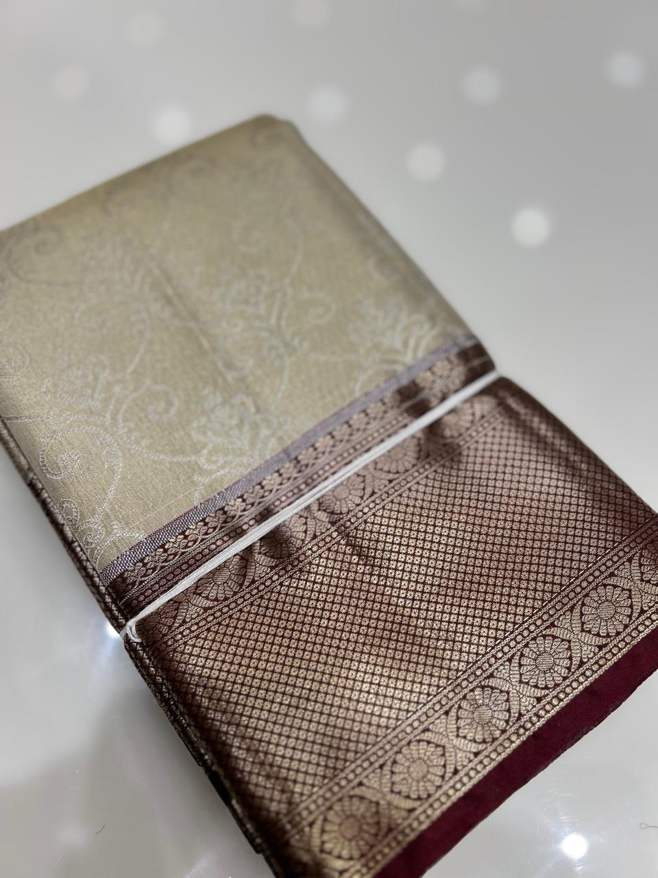 Brocade Tissue  Saree  -Golden Coffee brown shade Search code 6404