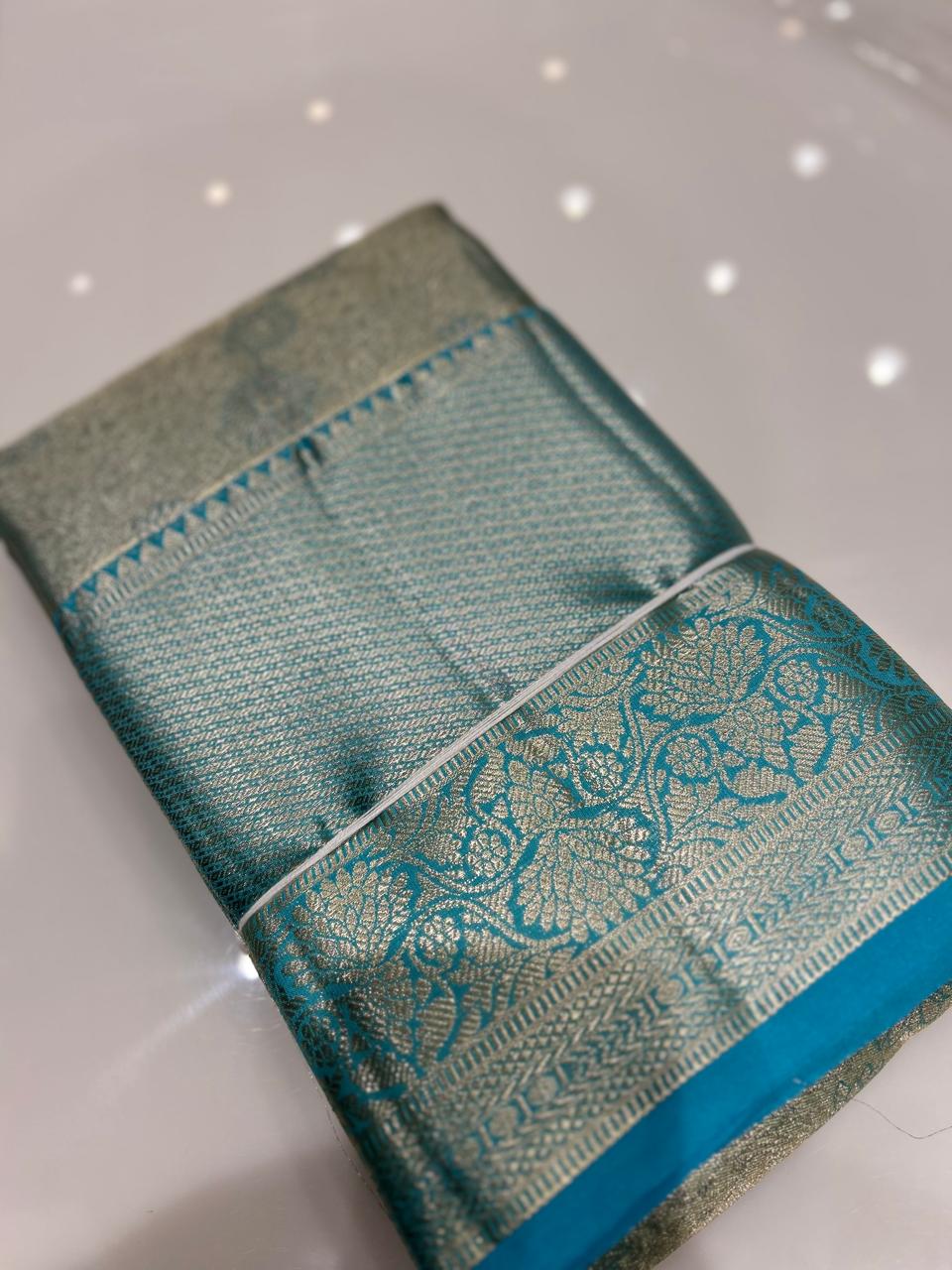 Brocade Tissue  Saree  -Golden Blue shade Search code 6410