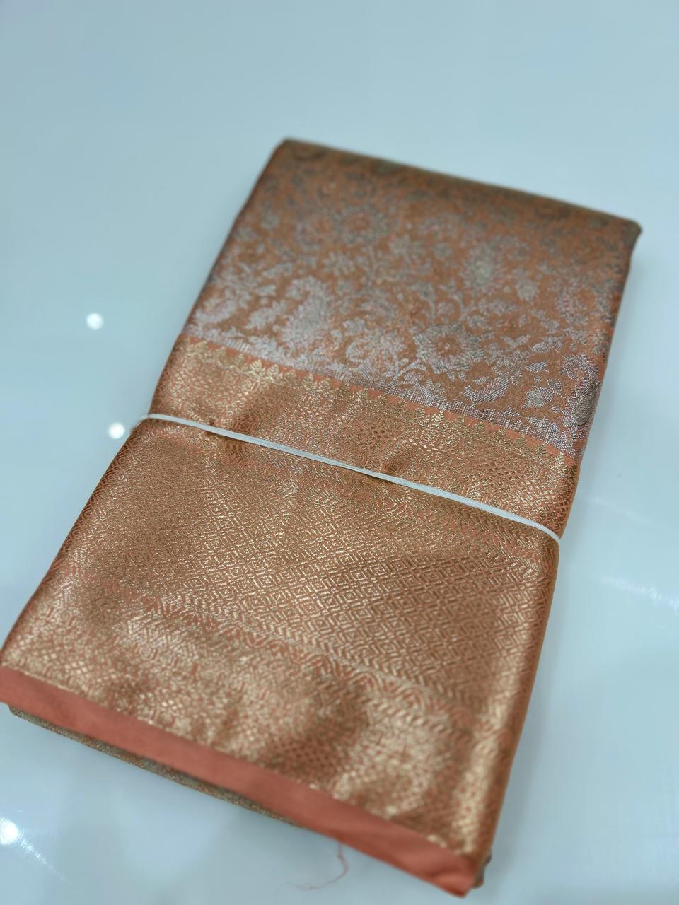 Brocade Tissue  Saree  -Peach orange  shade Search code 6411