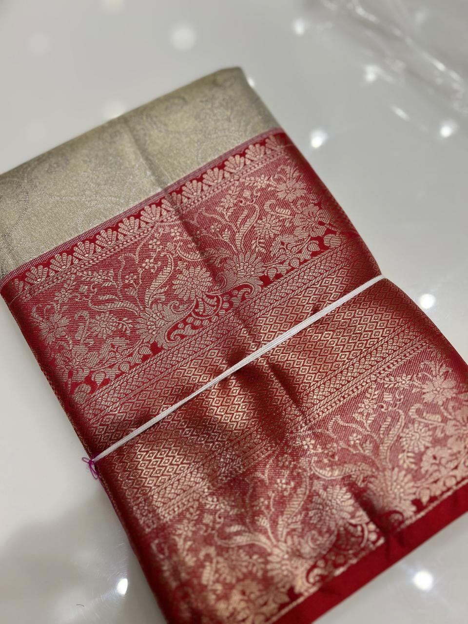 Brocade Tissue  Saree  -Golden Red shade Search code 6406