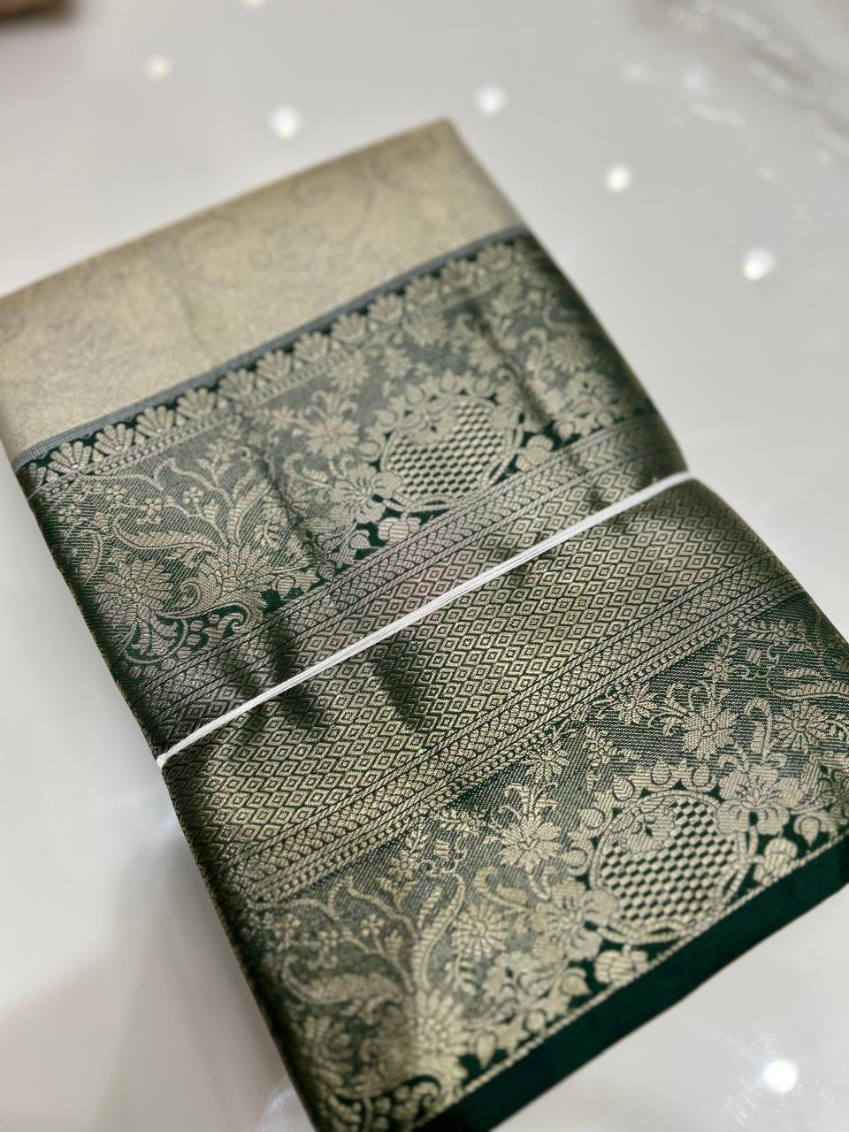 Brocade Tissue  Saree  -Golden Green shade Search code 6405