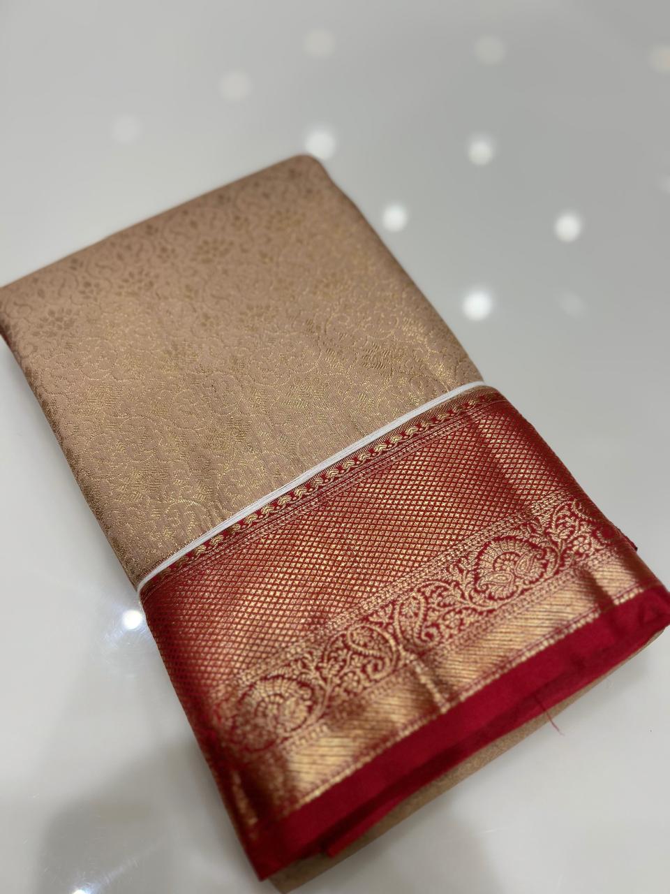 KANCHIPURAM BROCADE SAREE- Golden red color Search code 6412