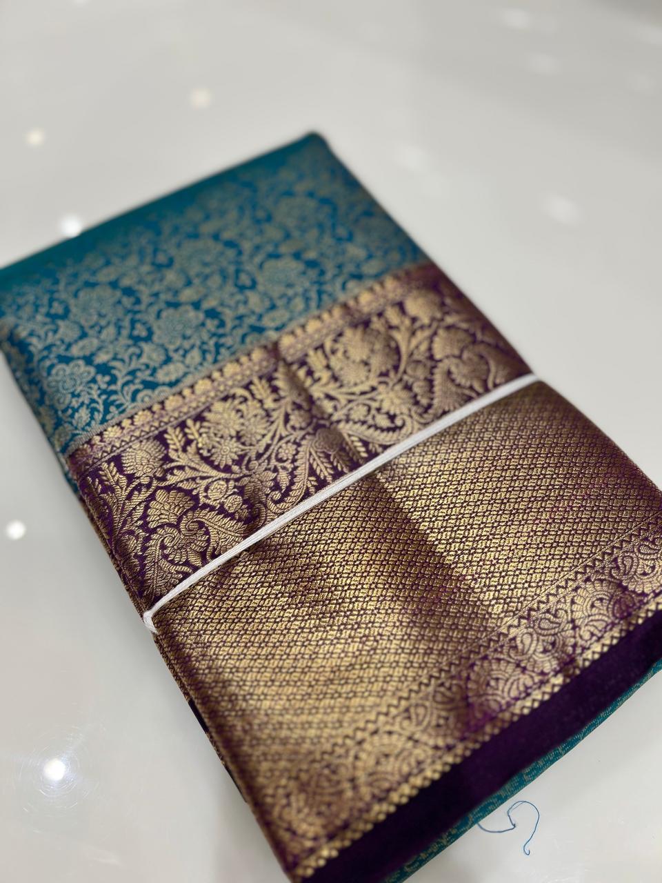 KANCHIPURAM BROCADE SAREE-  Blue to Violet  color Search code 6419