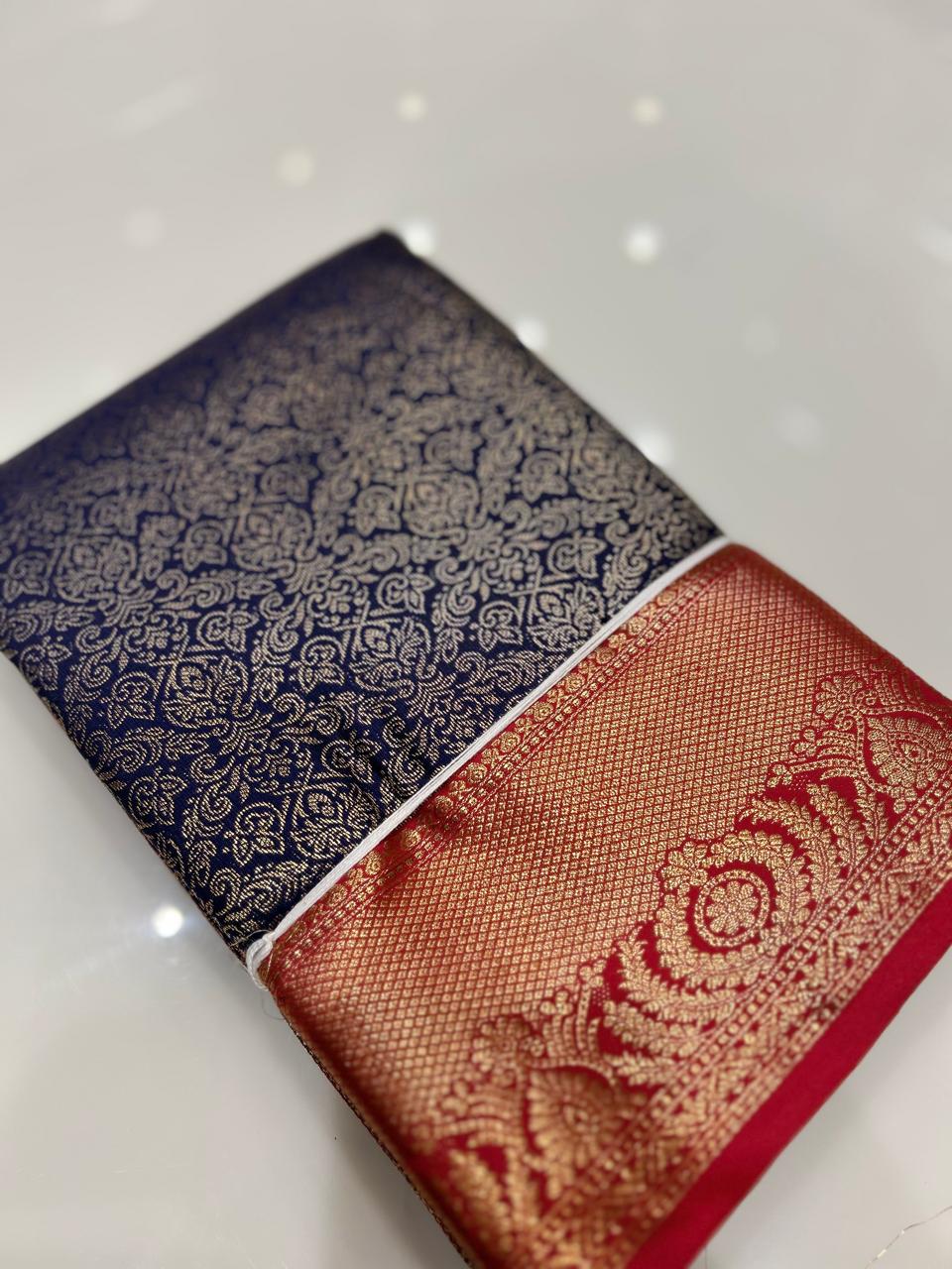 KANCHIPURAM BROCADE SAREE- Navy blue to red  color Search code 6426