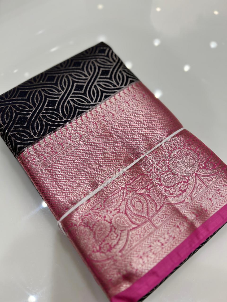 KANCHIPURAM BROCADE SAREE- Black to Pink color Search code 6428