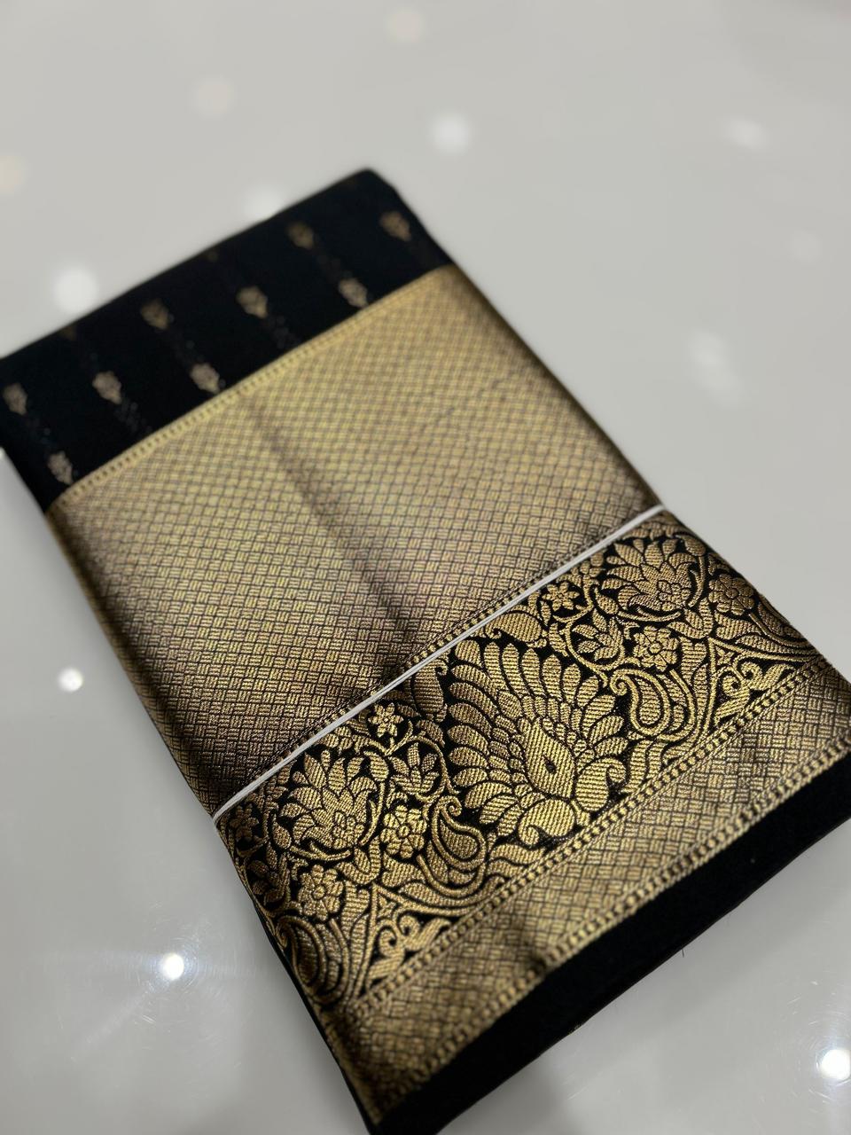 SEMI KANCHIPURAM SAREE-  Black Search code 6431