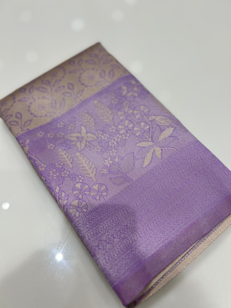 Semi Silk Saree -Cream lavender color Search code 6443