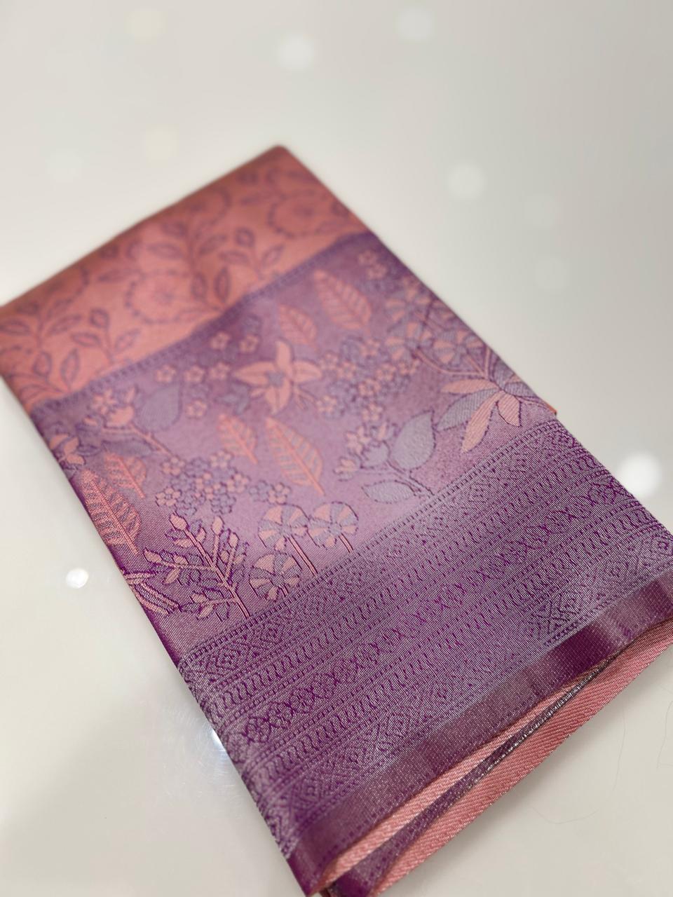 Semi Silk Saree - Peach purple color Search code 6448