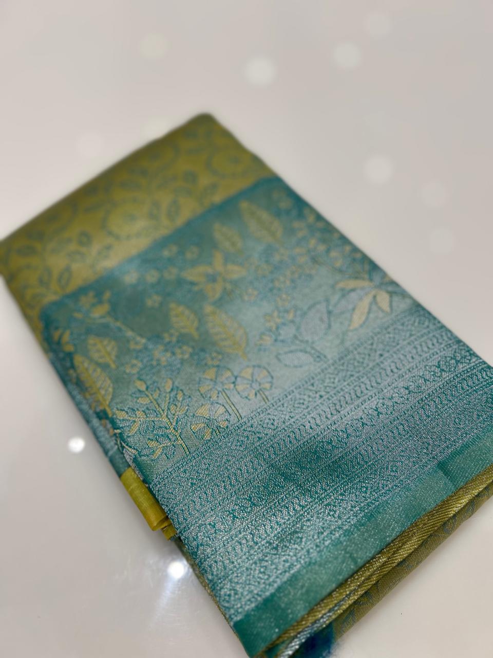Semi Silk Saree - Green to Torques green color Search code 6452