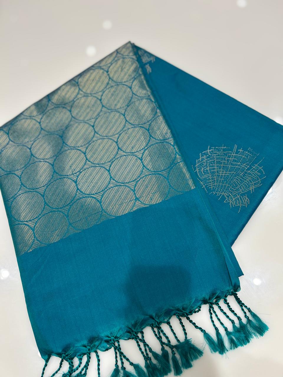 Semi Silk Saree -Peacock blue color Search code 6457