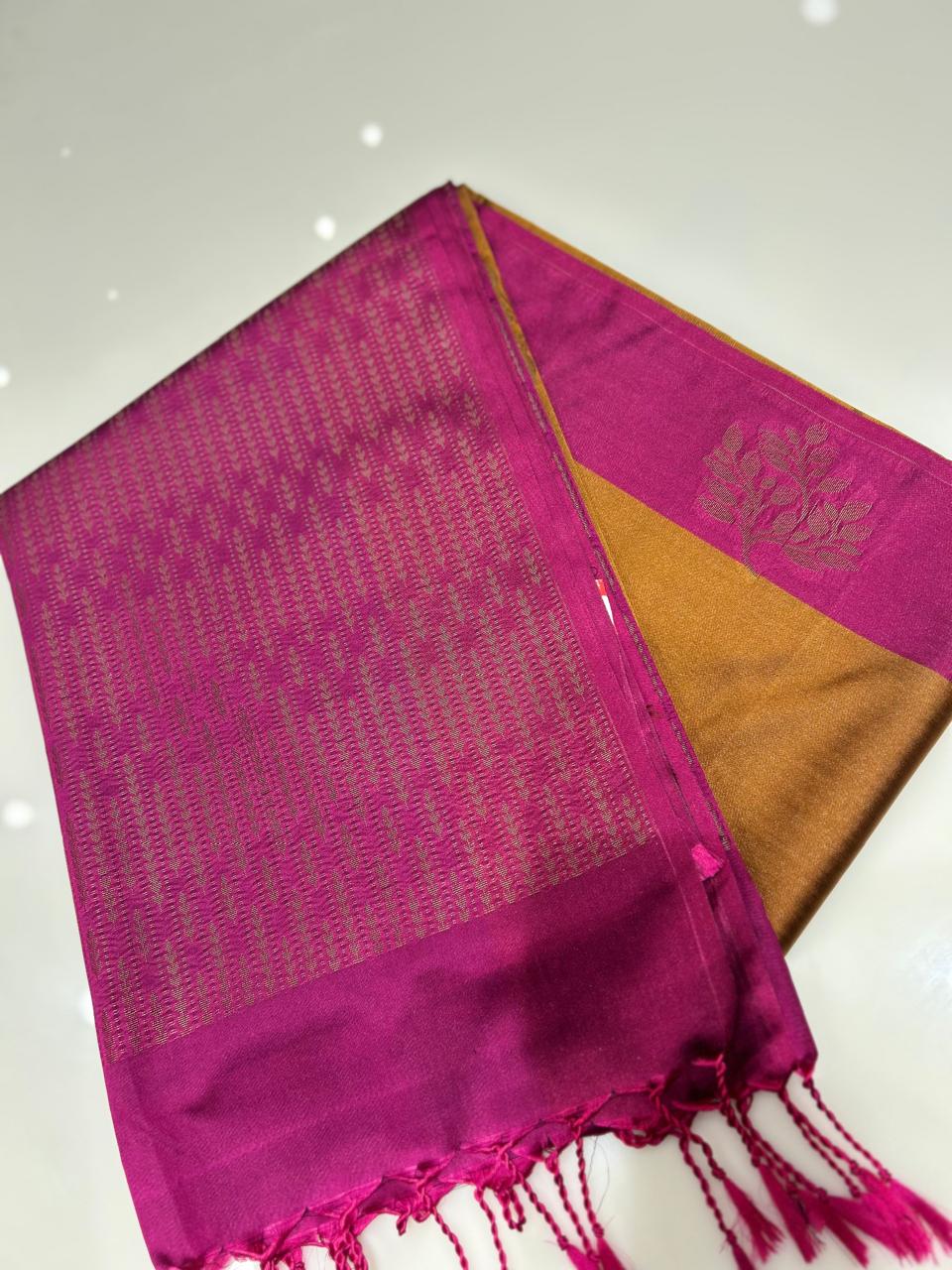 Semi Silk Saree -Yellow to Red pink color Search code 6465