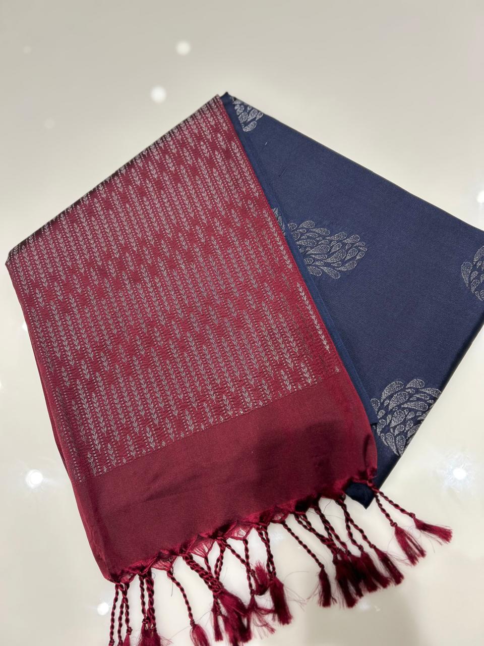 Semi Silk Saree -Maroon to Blue  color Search code 6466