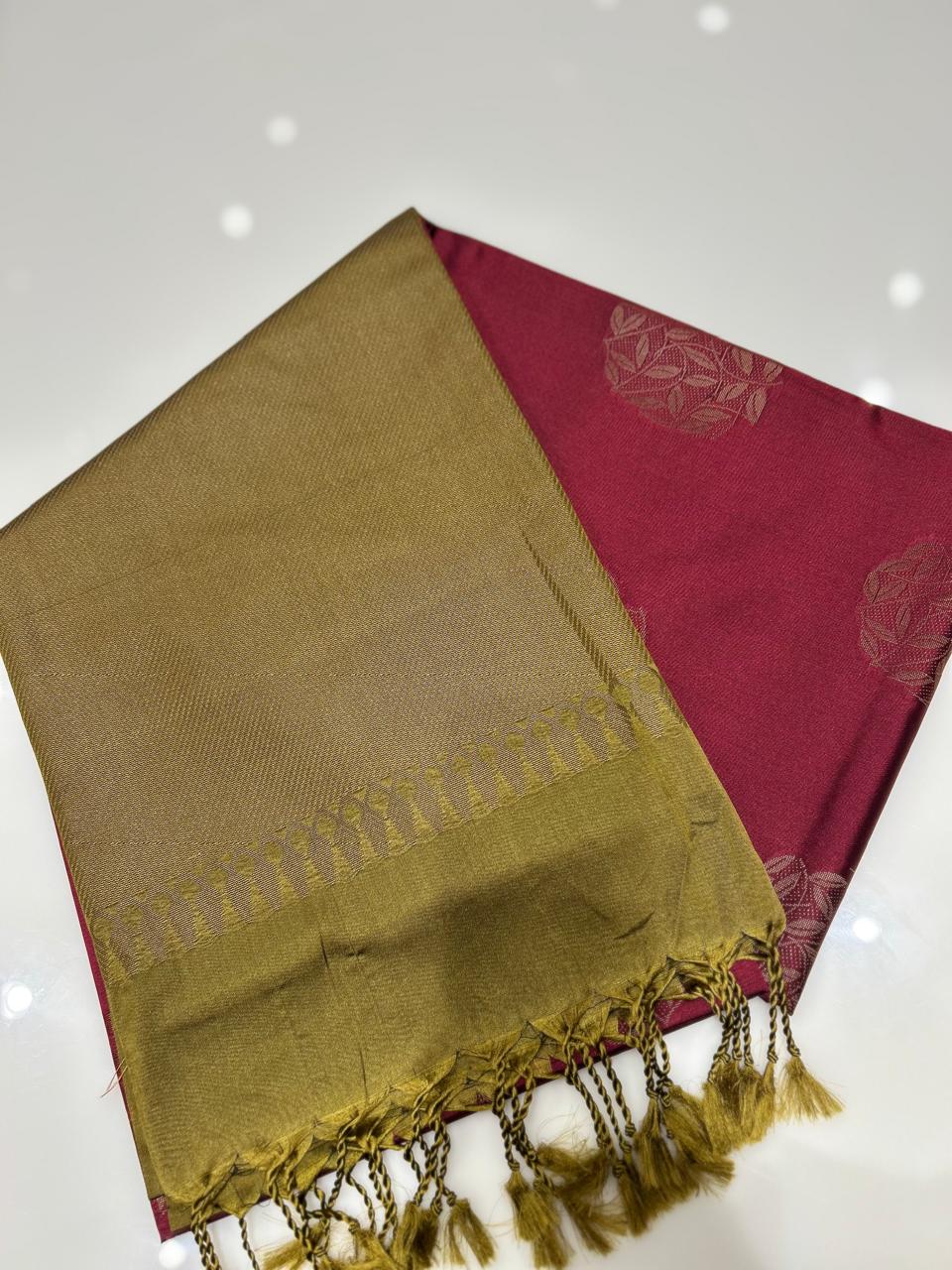 Semi Silk Saree -Maroon to Olive Green color Search code 6470