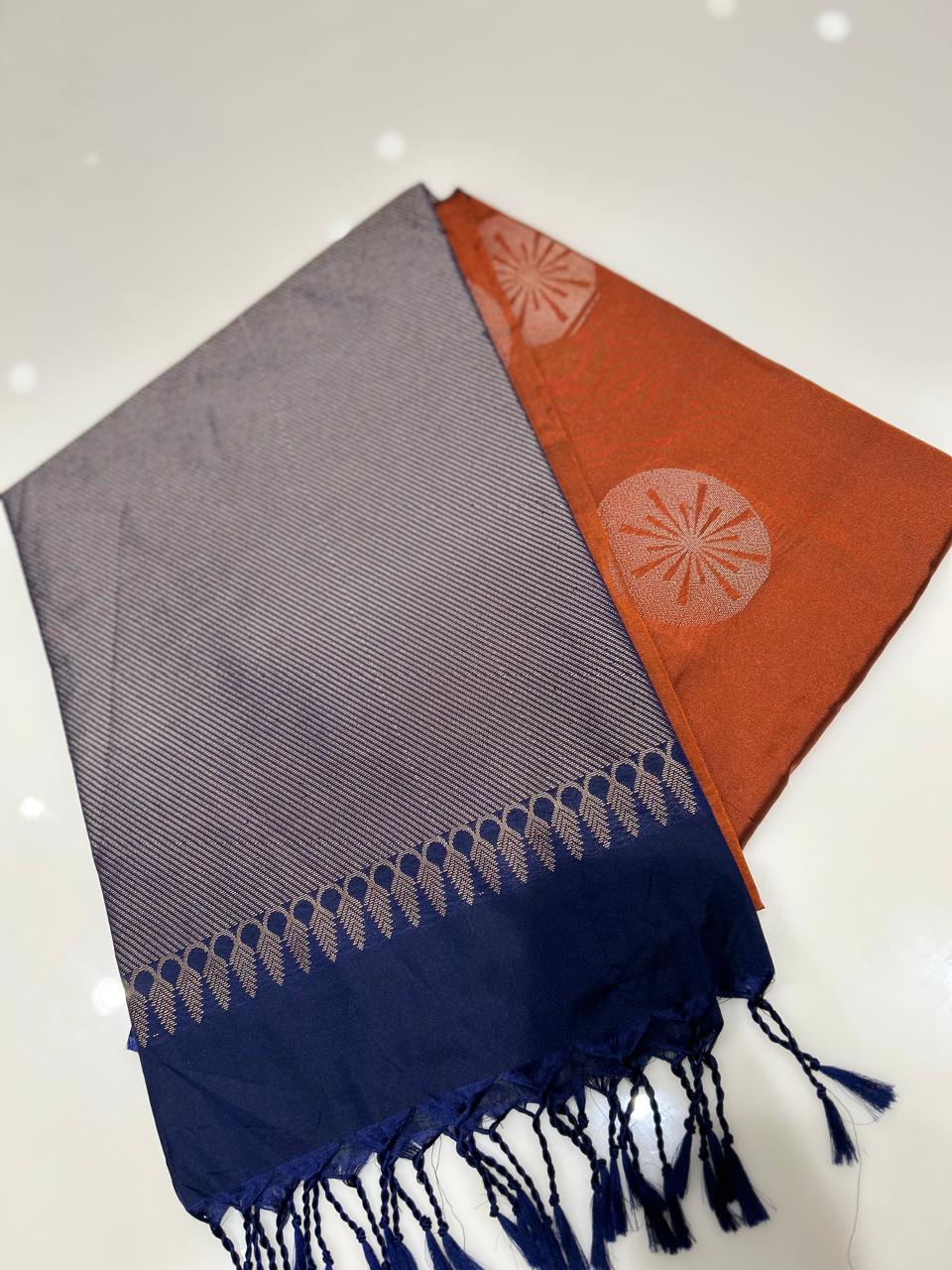 Semi Silk Saree -Orange to Navy blue color Search code 6469