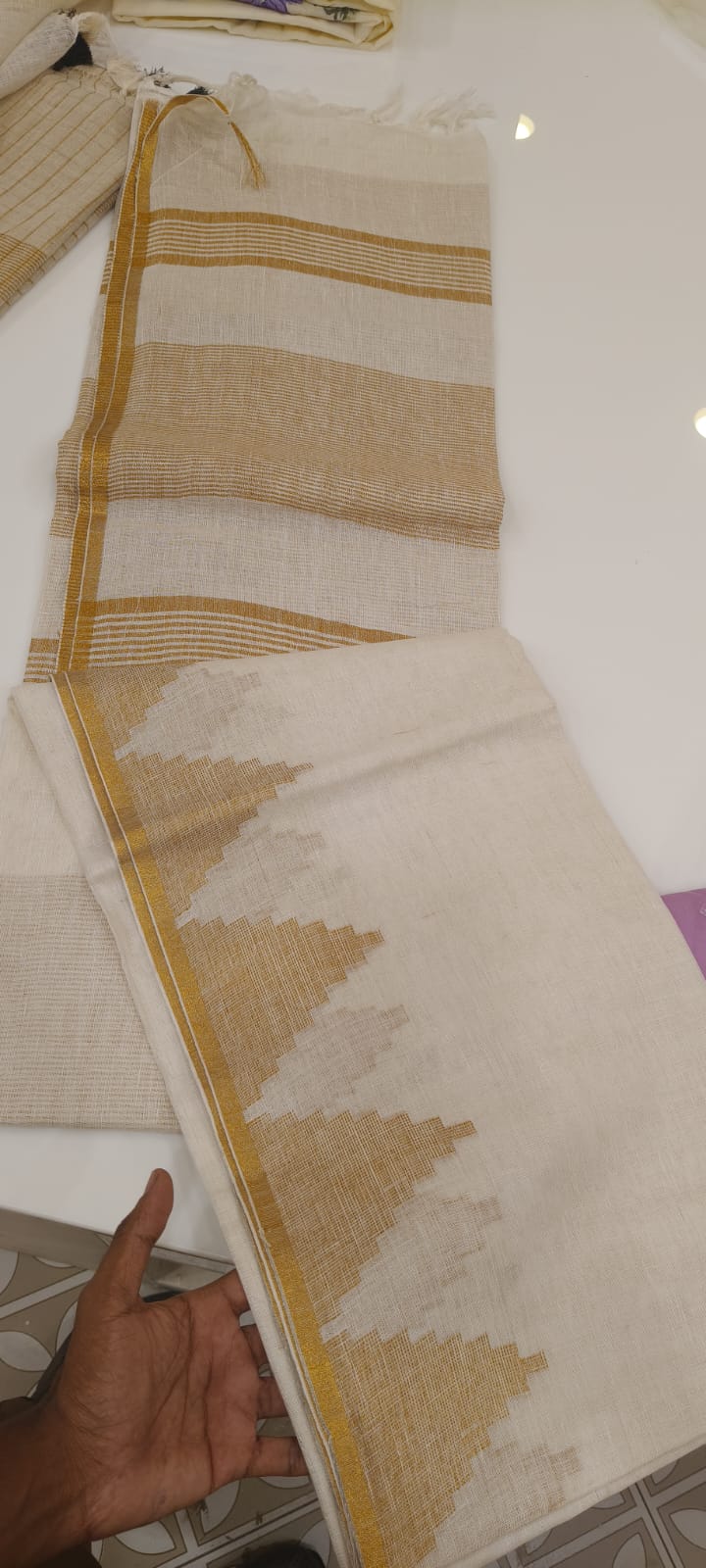 Cotton Linen Saree - Cream color Search code 2300