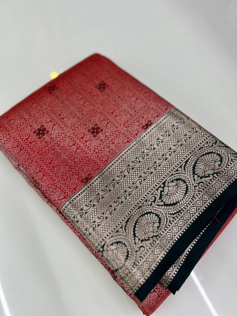 KANCHIPURAM BROCADE SAREE- Dusty Tomato to Green color Search code 6803