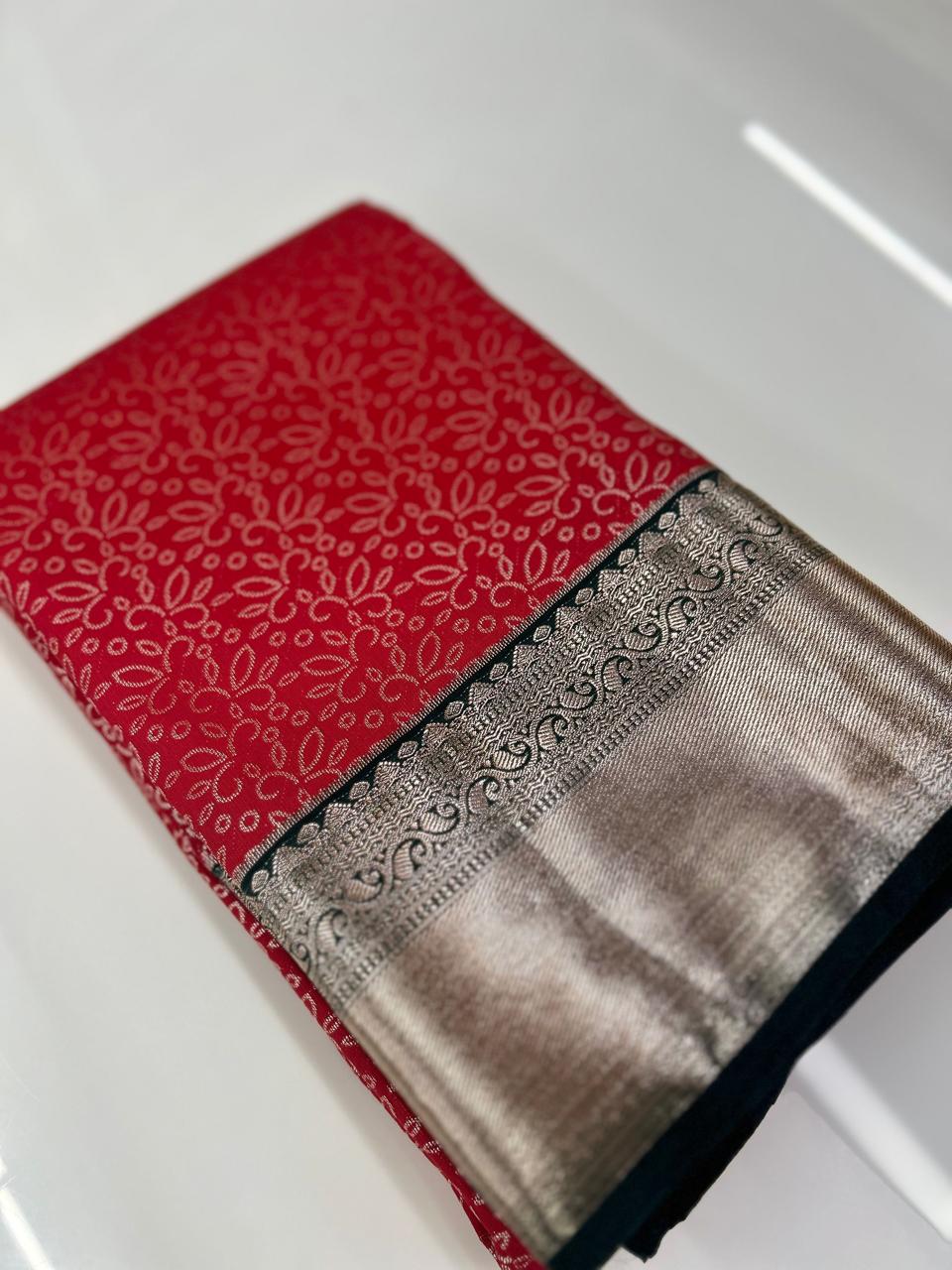 KANCHIPURAM BROCADE SAREE- Tomato to Green color Search code 6802