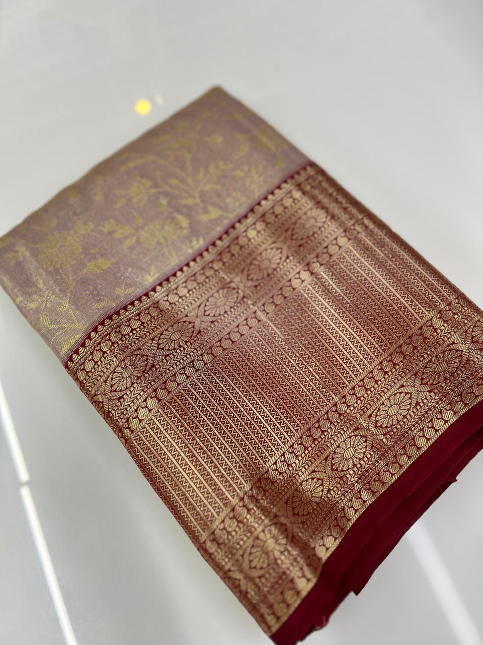 KANCHIPURAM BROCADE SAREE- Blush pink to Red color Search code 6804