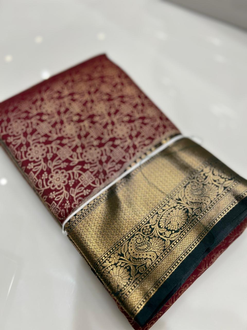 KANCHIPURAM BROCADE SAREE-  Maroon to Green color Search code 6418