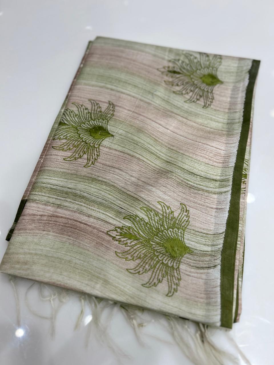 Semi Tussar  Saree  -Green  shade  Search code 3094