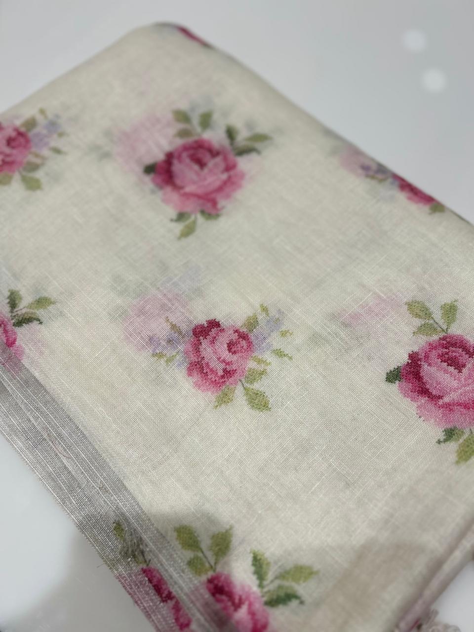 Linen Saree  - White shade  Search code 3100