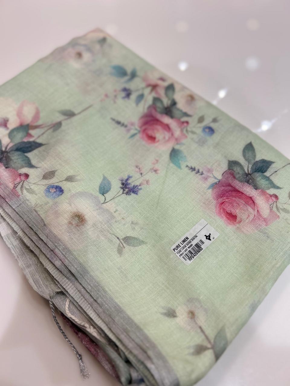 Linen Saree  - Green shade  Search code 3099