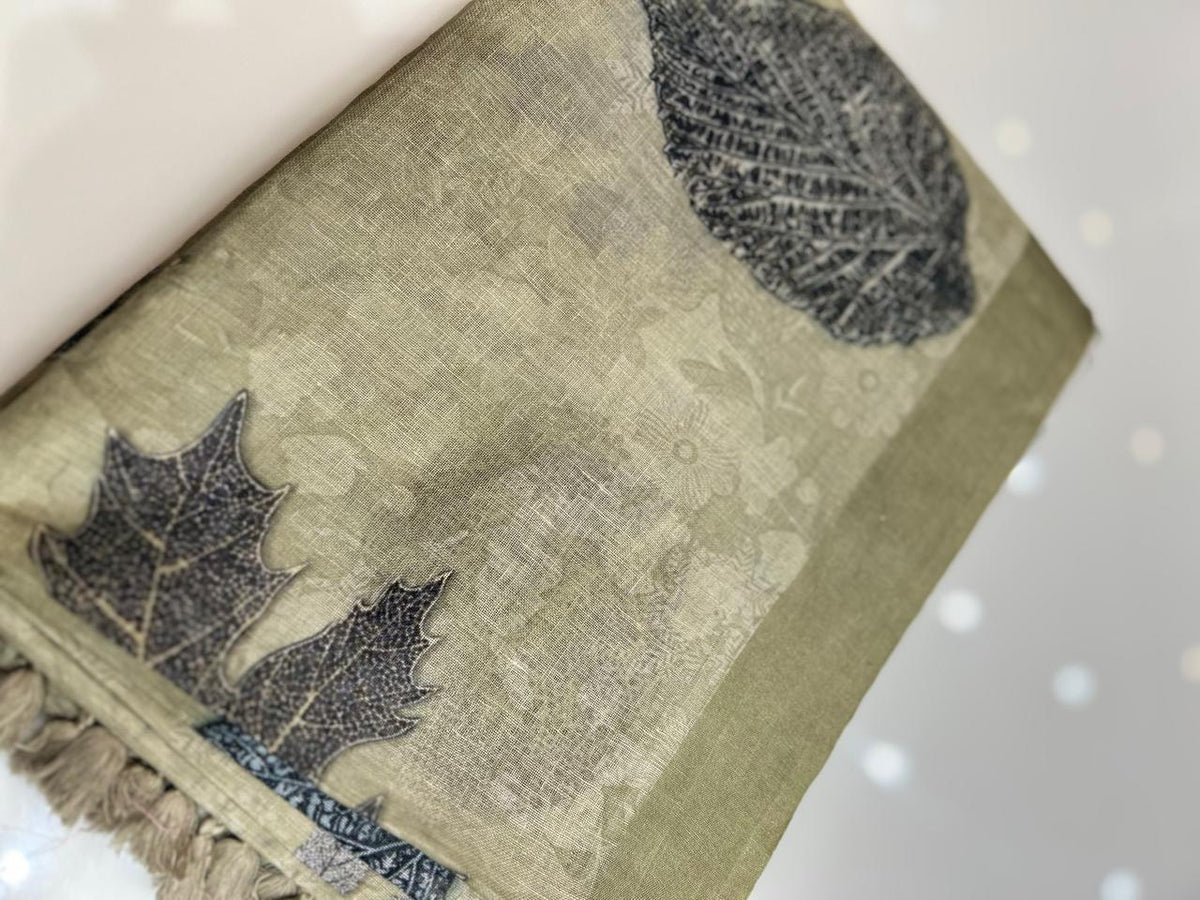 Linen Saree  -Olive green shade  Search code 3103
