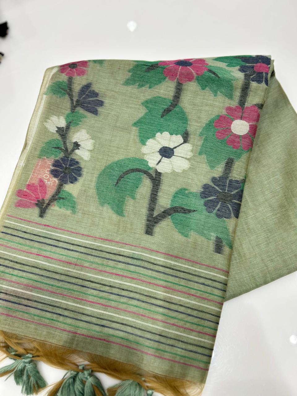 Soft chanderi saree -Green shade  Search code 3703