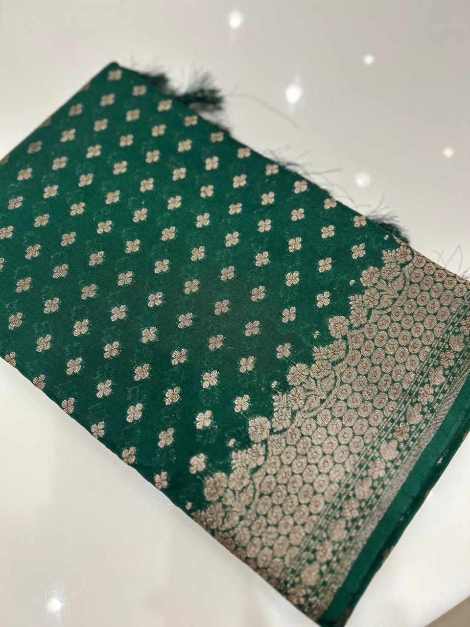 Semi banarasi saree -Green shade  Search code 6715