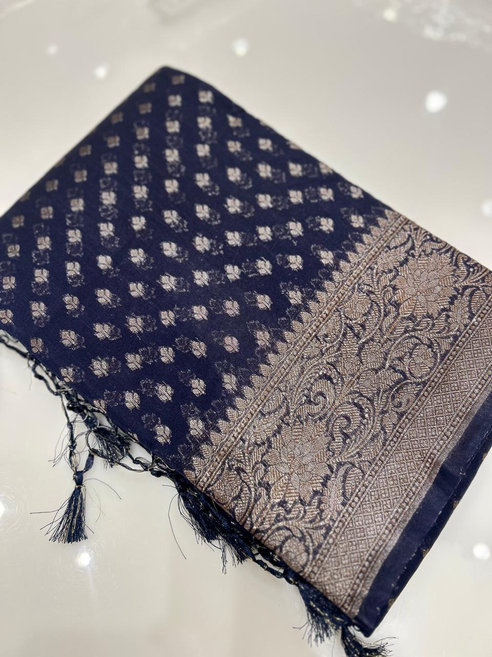 Semi banarasi saree -Navy blue shade  Search code 6713