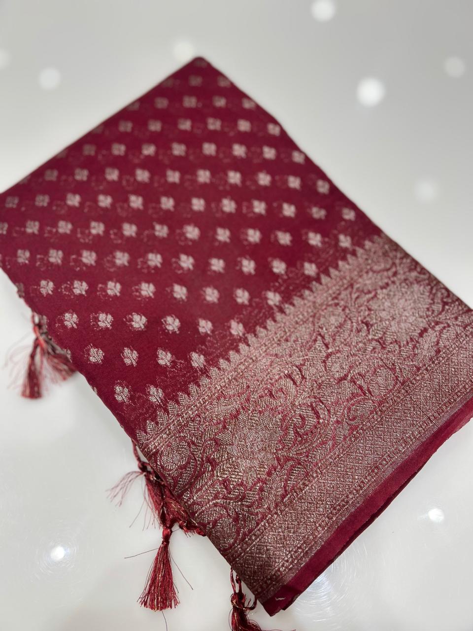 Semi banarasi saree -Reddish Maroon shade  Search code 6706