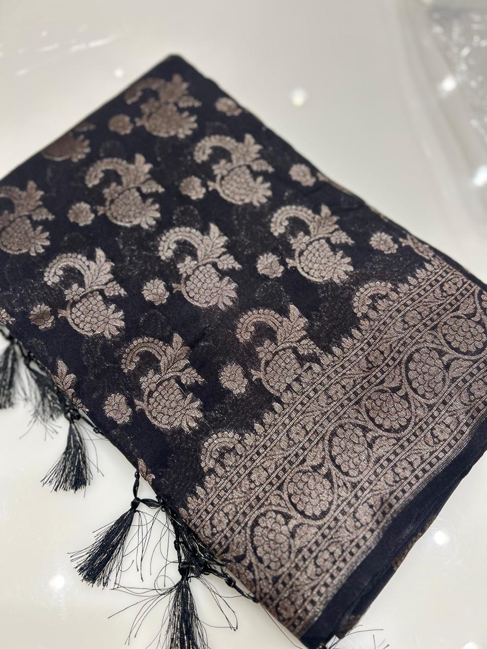 Semi banarasi saree -Black shade  Search code 6723