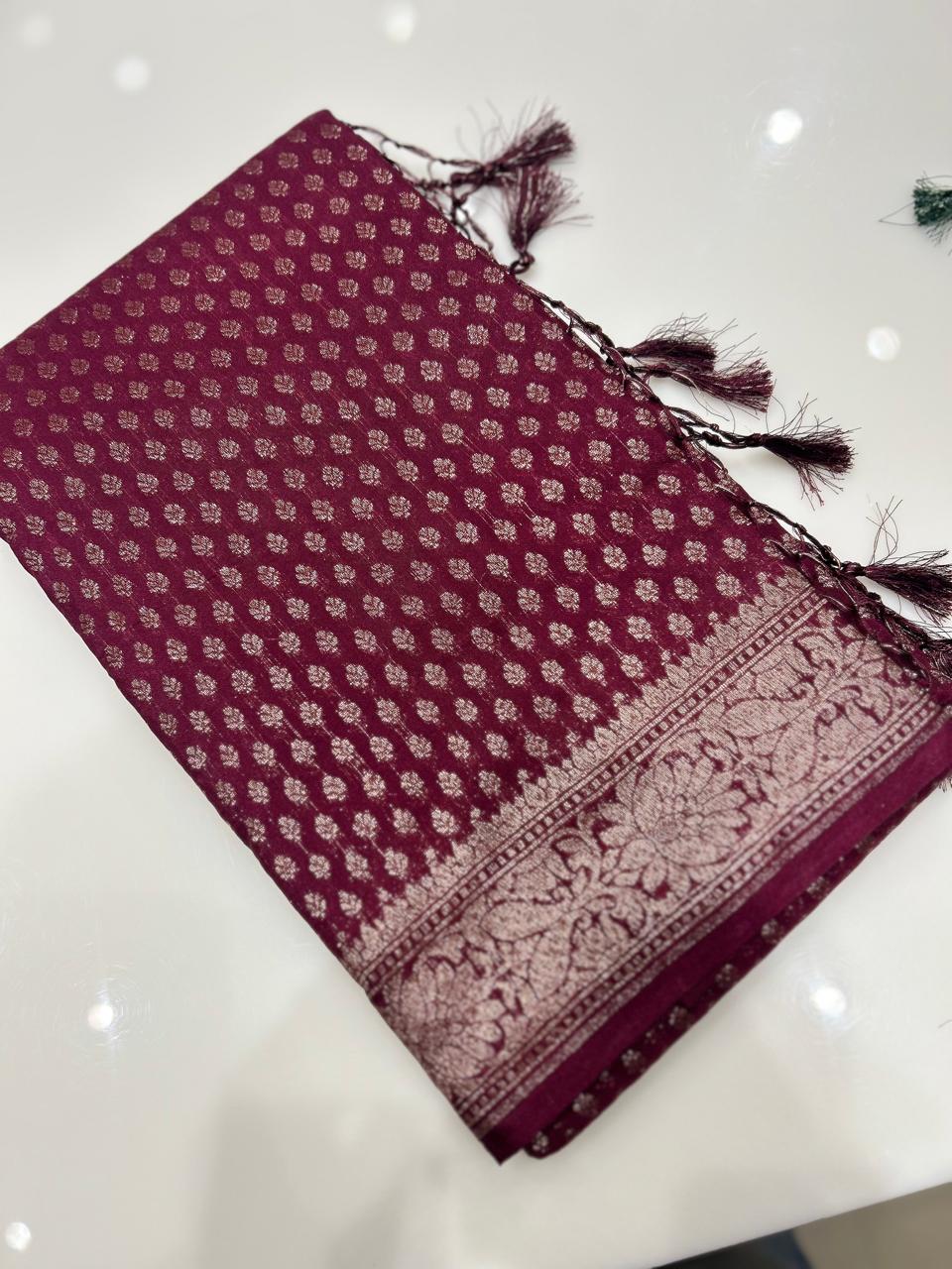Semi banarasi saree -Wine   shade  Search code 6701