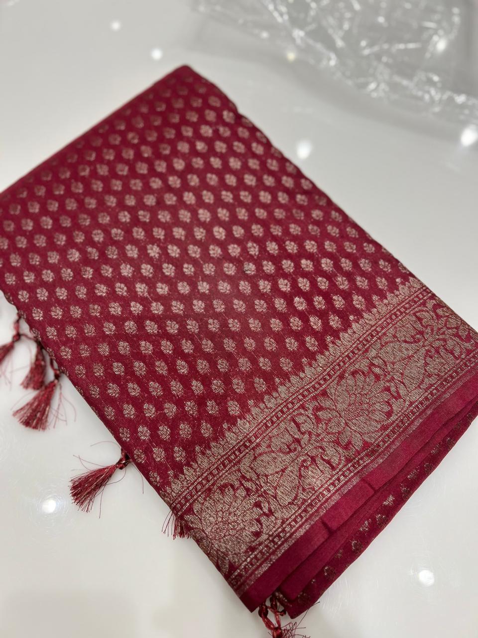 Semi banarasi saree -Brick red shade  Search code 6704