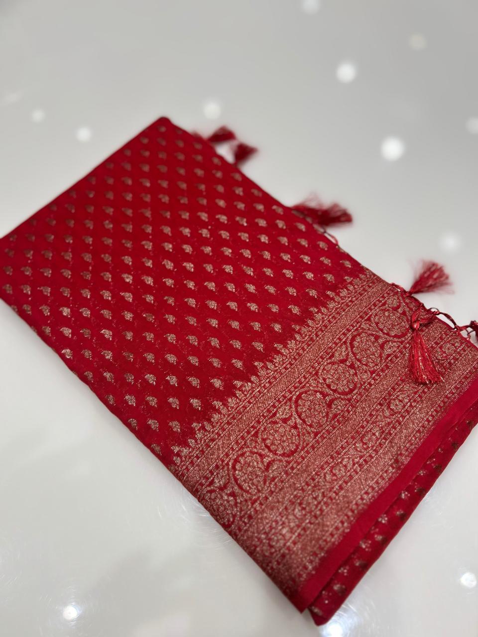 Semi banarasi saree -Red shade  Search code 6731