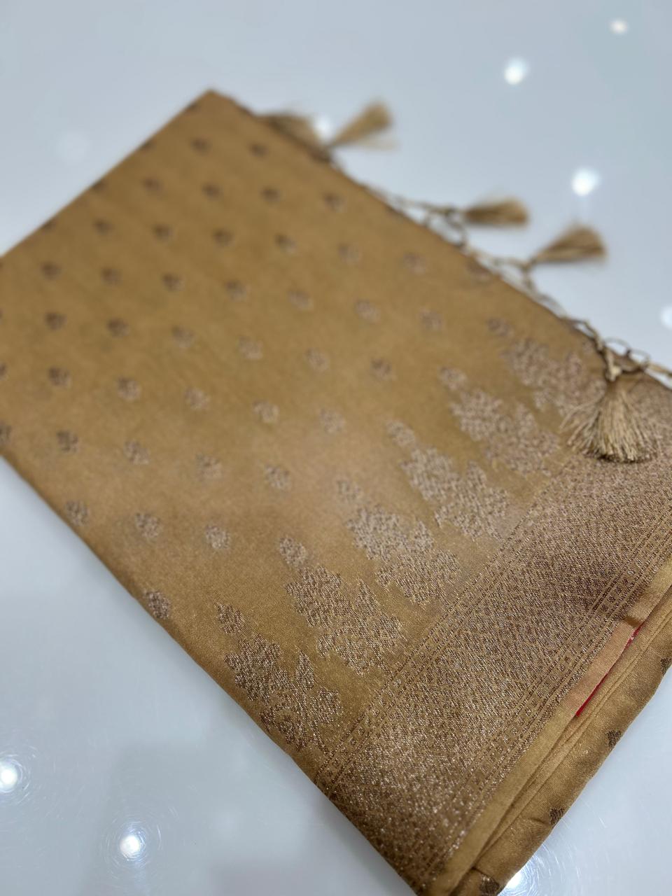 Semi banarasi saree -Chiku shade  Search code 6744