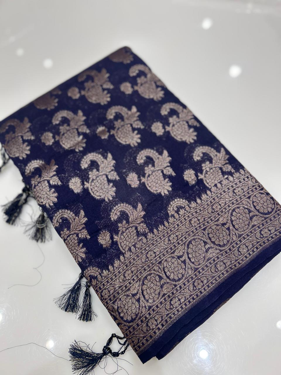 Semi banarasi saree -Navy blue shade  Search code 6729