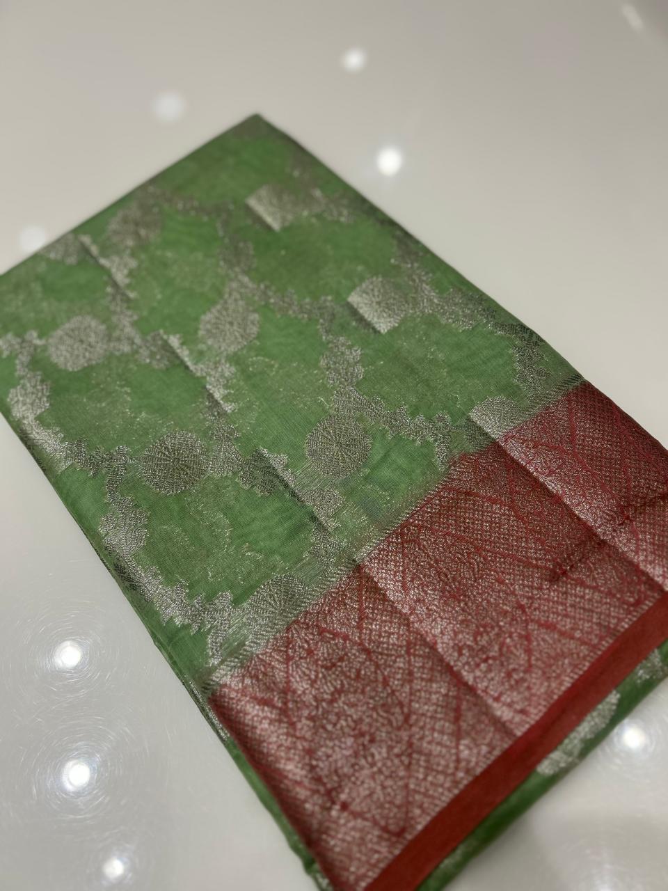 Masrai Cotton Saree -Green to Brick   shade  Search code 3614