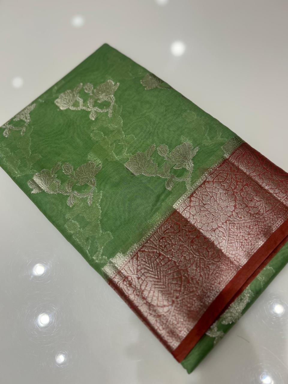 Masrai Cotton Saree -Green to Peach  shade  Search code 3619