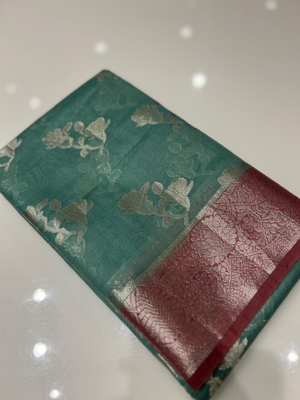 Masrai Cotton Saree - Dusty blue to Maroon shade  Search code 3621