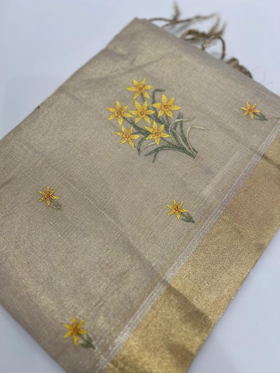 Tissue Saree  -Golden and Yellow  search code 6804