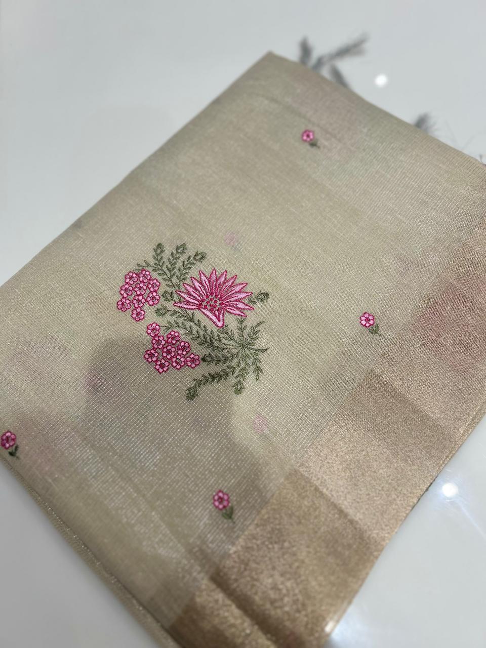 Tissue Saree  -Golden and Pink search code 6807
