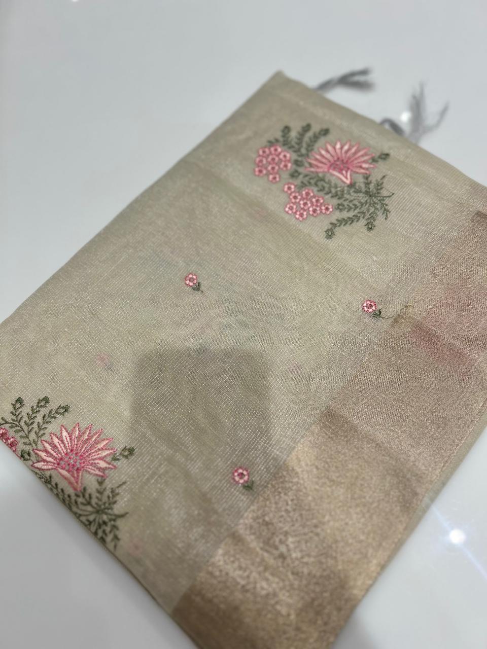 Tissue Saree  -Golden and Light peach search code 6809