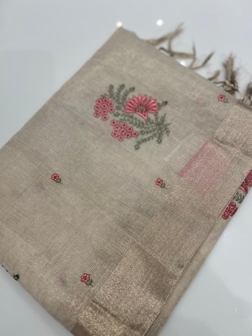 Tissue Saree  -Golden and Dark peach search code 6810