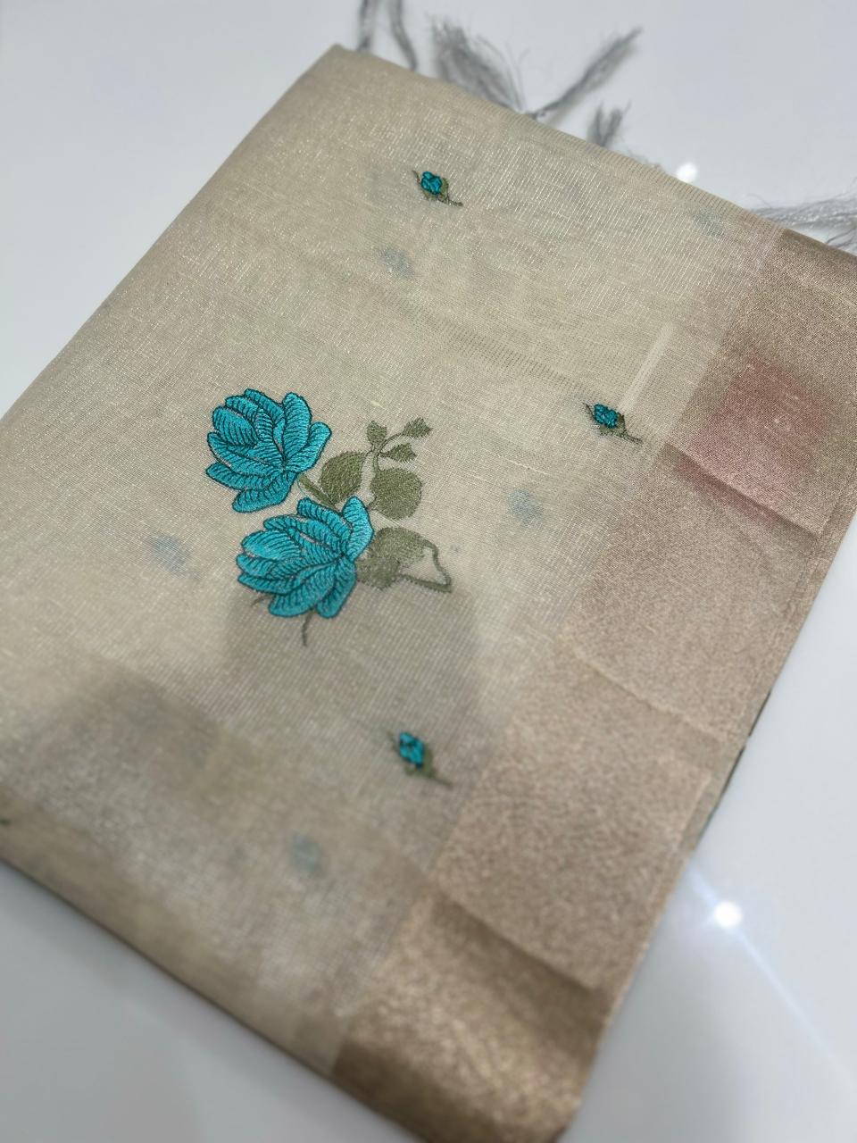 Tissue Saree  -Golden and Blue search code 6812