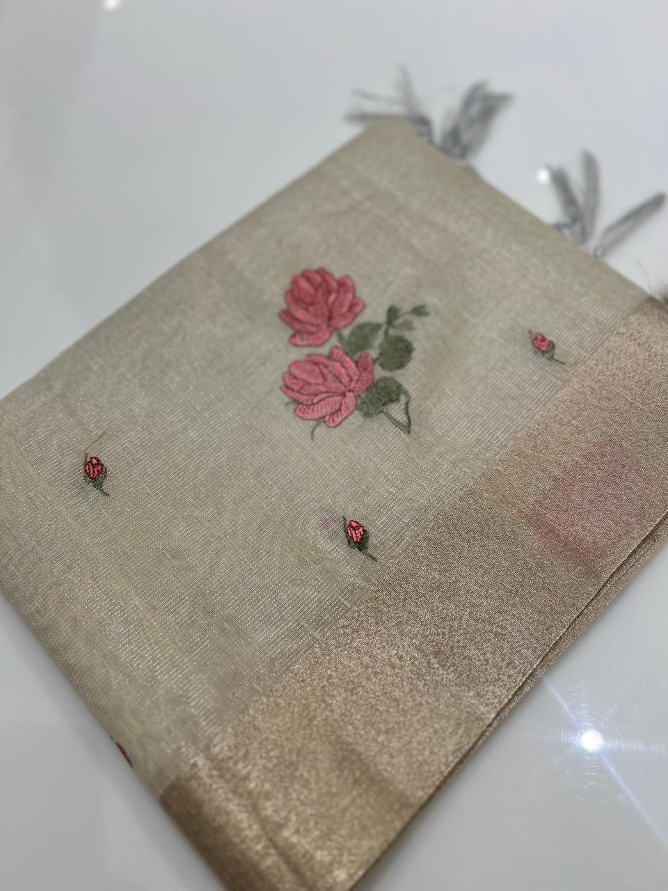 Tissue Saree  -Golden and Dark peach search code 6815